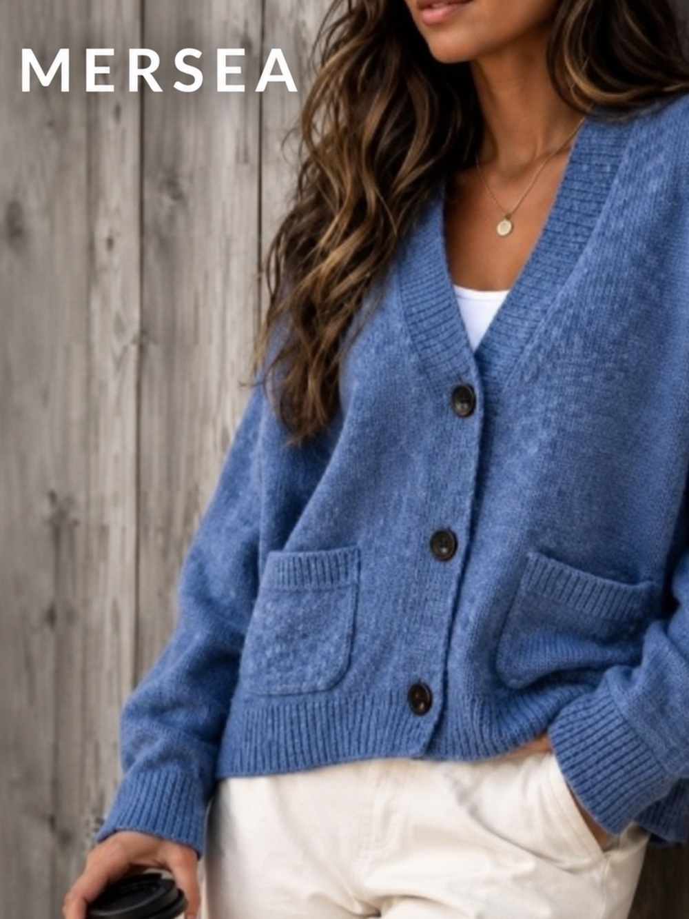 MERSEA Blue Relaxed V-Neck Button Front Cardigan Sweater Size Small